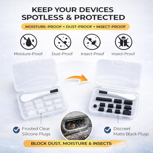 12 PCS Silicone Dust Plugs & Cleaning Brush, USB Port Dust Covers Compatible with iPhone 15 16 17,Kindle,MacBook,Mac mini,PS5,Includes USB-C, USB-A, HDMI, RJ-45, SD Slot and 3.5mm (Black)