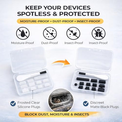 12 PCS Silicone Dust Plugs & Cleaning Brush, USB Port Dust Covers Compatible with iPhone 15 16 17,Kindle,MacBook,Mac mini,PS5,Includes USB-C, USB-A, HDMI, RJ-45, SD Slot and 3.5mm (Black)