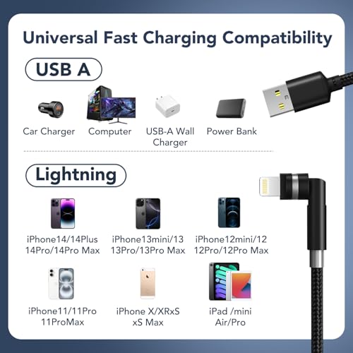 90 Degree Lightning Cable with 360 Rotating Head - 6.6FT MFi Right Angle Nylon Braided iPhone Charger Cord with 2.4A Fast Charge, Data Sync, CarPlay for iPhone14/13/12/11/X/8
