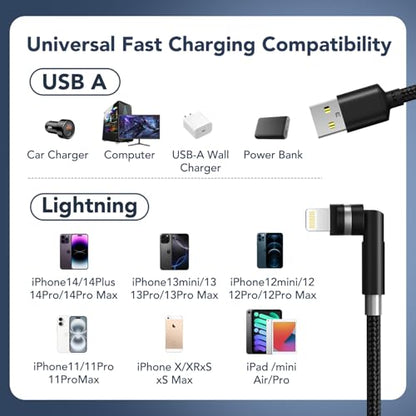90 Degree Lightning Cable with 360 Rotating Head - 6.6FT MFi Right Angle Nylon Braided iPhone Charger Cord with 2.4A Fast Charge, Data Sync, CarPlay for iPhone14/13/12/11/X/8