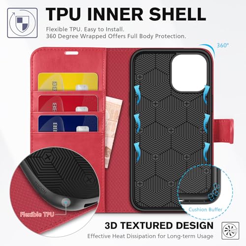 TUCCH Wallet Case for iPhone 12 Pro & iPhone 12 6.1" 2020, Flip Stand, Red | RFID Blocking, 3 Card Holders, Kickstand, PU Leather, Shockproof TPU Shell, Magnetic Closure, Protective Folio Cover - color: Red