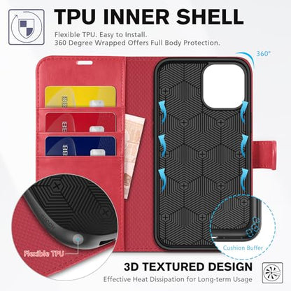 TUCCH Wallet Case for iPhone 12 Pro & iPhone 12 6.1" 2020, Flip Stand, Red | RFID Blocking, 3 Card Holders, Kickstand, PU Leather, Shockproof TPU Shell, Magnetic Closure, Protective Folio Cover - color: Red