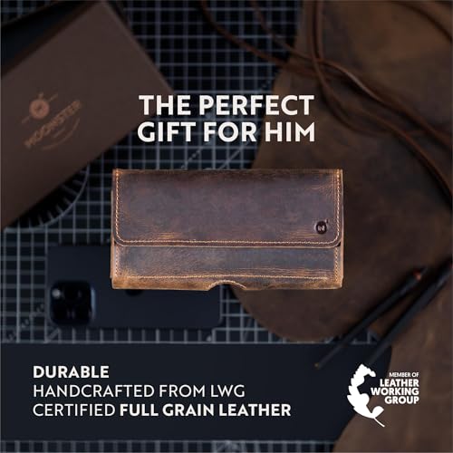 Moonster Leather Phone Holster – Genuine Full-Grain Leather for iPhone 17/16/15/14 Pro Max & Plus, Galaxy S25/S24 Ultra – Slim Belt Clip Phone Pouch with Magnetic Closure, Fits Thick Cases – 7” x 3.5” - color: Brown Horizontal