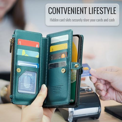 Asuwish Phone Case for Samsung Galaxy A13 4G/5G Zipper Wallet Cover with Tempered Glass Screen Protector and Leather Flip RFID Blocking Card Holder Cell A04s M13 G5 A 13 LTE 13A 2022 Women Girls Green - color: Green