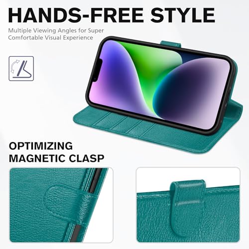 TUCCH Wallet Case for iPhone 14 (6.1") 2022, 4 Card Holders, Cyan | RFID Blocking, Viewing Stand, Shockproof TPU Shell, PU Leather, Magnetic Closure, Protective Folio Flip Cover - color: Cyan - Textured