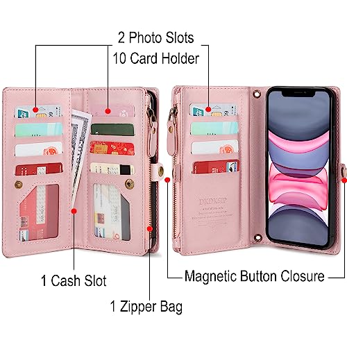 for iPhone 11 Wallet Case for Women, Support Wireless Charging with RFID Blocking Card Holder, Leather Zipper Detachable Magnetic Phone Case with Crossbody Strap Lanyard, Pink