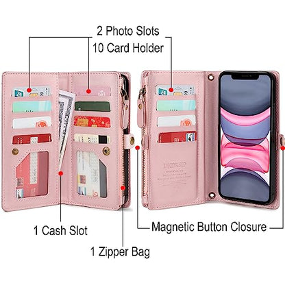 for iPhone 11 Wallet Case for Women, Support Wireless Charging with RFID Blocking Card Holder, Leather Zipper Detachable Magnetic Phone Case with Crossbody Strap Lanyard, Pink