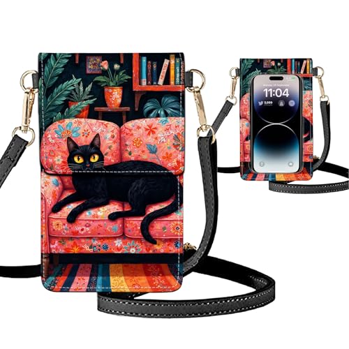 Small Crossbody Bags for Women Touchscreen Cell Phone Bag Cross Body Purses with adjustable Strap,Gifts For Teenage Girls - color: Black Cat Floral Sofa