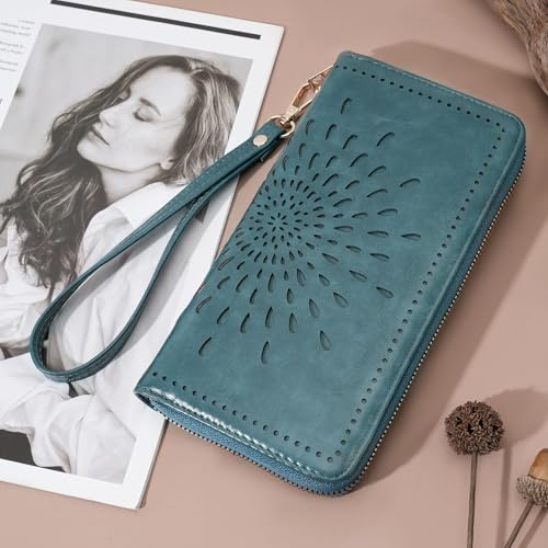 APHISON Wallet Women Large Capacity Clutch Purse For Ladies Card Holder RFID Wristlet Phone Zipper Coin Travel Pocket - color: 07-peacock blue