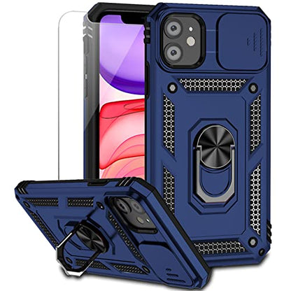 for iPhone 11 Case with Camera Lens Cover HD Screen Protector, Dual Layer [15 FT Military Grade Drop Protection] Magnetic Ring Holder Kickstand Protective Phone Case for iPhone 11 6.1 inch (Navy Blue) - color: Navy Blue with camera cover Military-Grade 2n