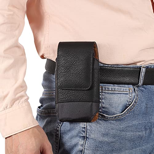 Cell Phone Belt Clip Bag Leather, Mobile Phone Blet Pouch Mens, Universal Waterproof Leather Smartphone Belt Loop Holster with Card Holder Carabiner Hook Wallet Purse Pocket for Outdoor Sport Travel - color: Black