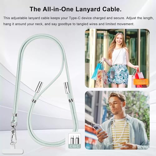 2-in-1 Phone Lanyard USB-C Charging Cable, 60W Fast Charge Braided Crossbody Strap, Adjustable Anti-Lost Cord - color: Green