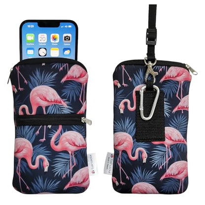 Tainada 2-Zip Neck Phone Pocket Bag w/Belt Loop (Flamingo Pattern Gray) | For Men/Women; Water-resistant neoprene pouch, shockproof, lightweight, w/carabiner; Compatible with most of smartphones - color: Flamingo Pattern Gray