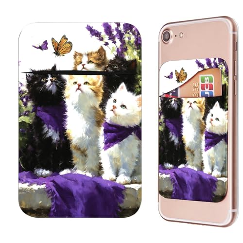 Phone Credit Card Holder Stick on, Cell Phone Pocket Self Adhesive Stretchy Stick on Wallet ID Credit Card Case Pouch Sleeve with Flap for All Smartphones, Lavender Cat - color: Lavender Cat
