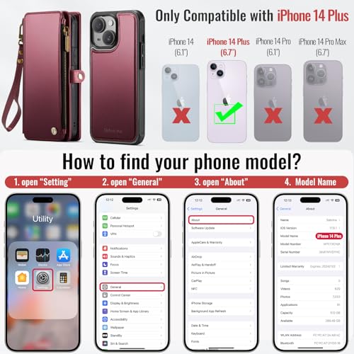Defencase for iPhone 14 Plus Case Wallet Compatible with Magsafe, Wine Red | Drop-Proof Magnetic Detachable Phone Cases Cover, with RFID Bolcking Card Holder, Zipper Strap, PU Leather, Removable Wallet - color: (Detachable with Magsafe)-Wine Red