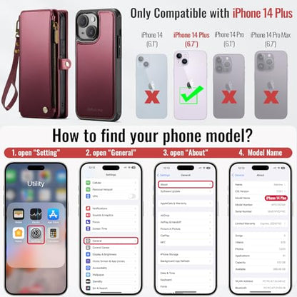 Defencase for iPhone 14 Plus Case Wallet Compatible with Magsafe, Wine Red | Drop-Proof Magnetic Detachable Phone Cases Cover, with RFID Bolcking Card Holder, Zipper Strap, PU Leather, Removable Wallet - color: (Detachable with Magsafe)-Wine Red