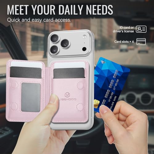 HXY for Magsafe Wallet Magnetic Card Holder RFID Blocking with Stand, 6 Card Holder for Phone Case, Slim Leather Magnetic Wallet for iPhone 17/16/15/14/13/12 Pro/Max/Plus (Pink) - color: Pink
