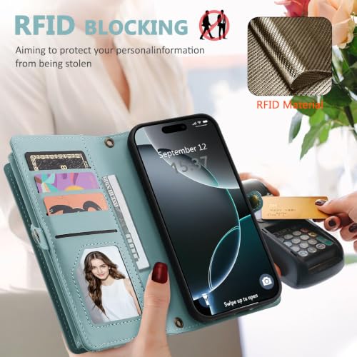 for iPhone 16 Wallet Case, Detachable Magnetic Shockproof Phone Case,Faux Leather Crossbody Wallet,with RFID Blocking，Zipper Card Holder，Shoulder Strap (Blue) - color: Blue, size: iPhone 16