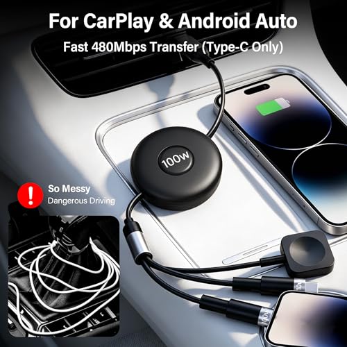 100W Retractable Multi Charging Cable for Apple Watch Charger,Dual USB C