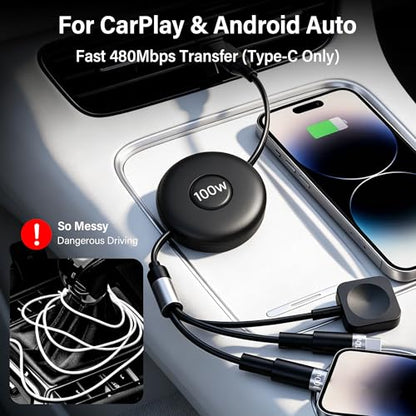 100W Retractable Multi Charging Cable for Apple Watch Charger,Dual USB C