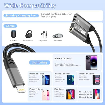 Magnetic 2-IN-1 Lightning to 3.5mm Audio Jack Headphone and Charge Cable Adapter for iPhone，【Apple MFi Certified】Earphone Converter Splitter Support Music+Charge+HiFi+Mic for iPhone 14 Pro/14 13 12 11