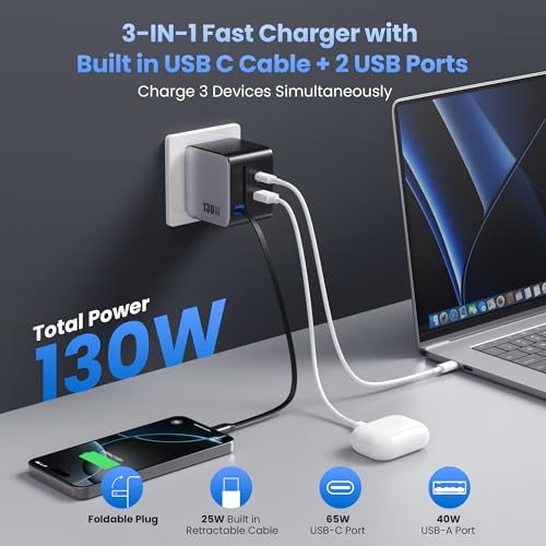 130W USB C Wall Charger,GaN III 3-Port Fast Charging Station,PD QC Foldable Charger Block Portable 65W USB C Laptop Adapter for MacBook Pro/Air,iPad Pro,Galaxy S23,Dell XPS,iPhone 16