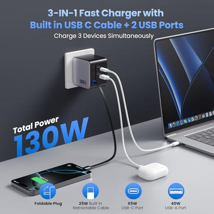 130W USB C Wall Charger,GaN III 3-Port Fast Charging Station,PD QC Foldable Charger Block Portable 65W USB C Laptop Adapter for MacBook Pro/Air,iPad Pro,Galaxy S23,Dell XPS,iPhone 16