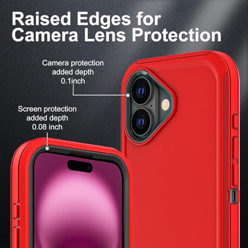 YKHJKLEC for iPhone 16 Plus Case, Military Grade 3 in 1 Heavy Duty Shockproof/Drop Proof/Dust Proof Case with 2Pcs Tempered Glass Screen Protector (Red/Black) - color: Red/Black