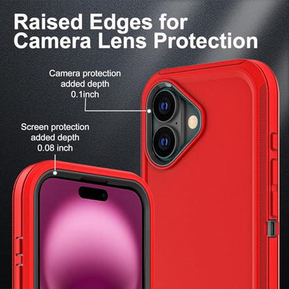 YKHJKLEC for iPhone 16 Plus Case, Military Grade 3 in 1 Heavy Duty Shockproof/Drop Proof/Dust Proof Case with 2Pcs Tempered Glass Screen Protector (Red/Black) - color: Red/Black