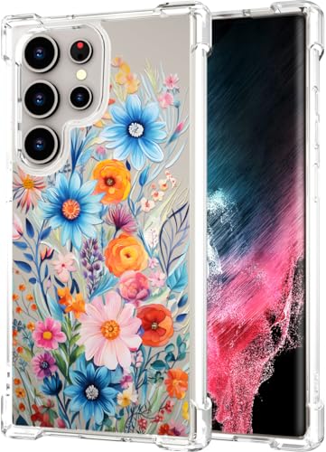 Hungo Galaxy S24 Ultra Case for Women Clear Design Cute,Girly Girls Case Compatible with Samsung Galaxy S24 Ultra Blue Watercolor Spring Floral Bouquets Peony Rose Plants Natural - color: Spring Floral Bouquets