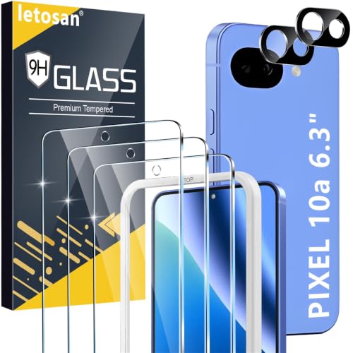 letosan 3 Pack for Google Pixel 10a Screen Protector Tempered Glass + 2 Pack Camera Lens Protector, Military Grade Shatterproof, 9H Hardness, Fingerprint Unlock,Case Friendly 6.3 Inch - size: Pixel 10A-6.3 Inch