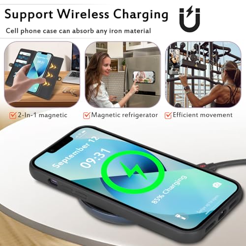 for Wallet Case Compatible with iPhone 13,Multi-Function Detachable 2 in 1 Magnetic iPhone 13 Case Wallet,Flip Strap Zipper Card Holder Phone Case with Shoulder Straps (Black) - color: Black, size: iPhone 13