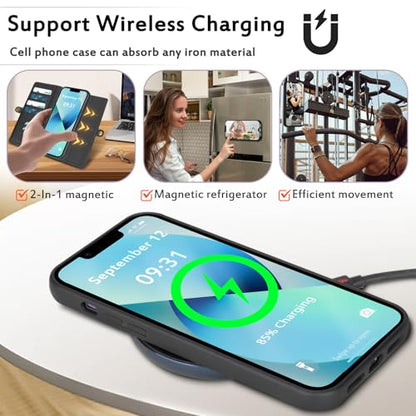 for Wallet Case Compatible with iPhone 13,Multi-Function Detachable 2 in 1 Magnetic iPhone 13 Case Wallet,Flip Strap Zipper Card Holder Phone Case with Shoulder Straps (Black) - color: Black, size: iPhone 13