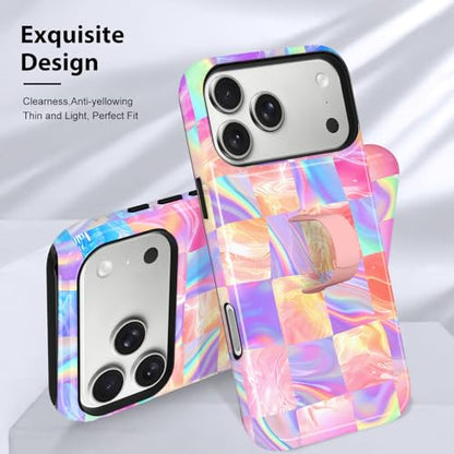 KANGHAR Compatible with iPhone 17 Pro Max Case Checkered -Iridescent | Silicone Cute Pattern, Finger Hold Wristband Kickstand Camera Protection Soft Slim Phone Case for Girls Women - color: (Checkered)Iridescent Gradient, size: iPhone 17 Pro Max