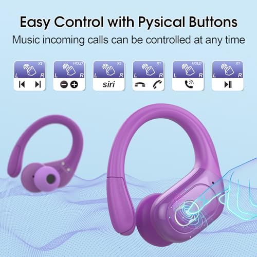 Wireless Earbuds 75H Bluetooth 5.4 Sport Headphones with Earhooks, Purple - color: Purple