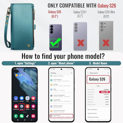 Defencase for Samsung Galaxy S26 Wallet Case with RFID Card Holder, Green | Durable Soft PU Leather, with Zipper Pocket, Wrist Strap, Fashion Snap Flip S26 Phone Cases Cover with Stand for Women Men - color: Blue Green