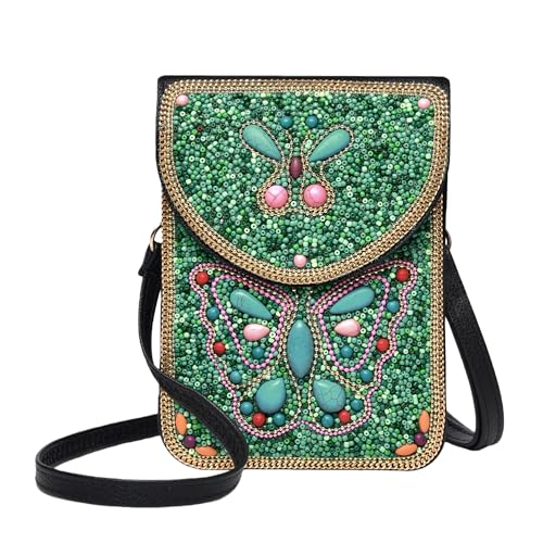 Small Crossbody Bags for Women, Cell Phone Shoulder Bag Boho Wallet Purse - color: Green Butterfly