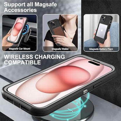 YKHJKLEC for iPhone 15 Case, Compatible with Magsafe, Military Grade 3 in 1 Heavy Duty Shockproof/Drop Proof/Dust Proof Case with 2Pcs Tempered Glass Screen Protector (New-Black/Grey) - color: New-Black/Grey
