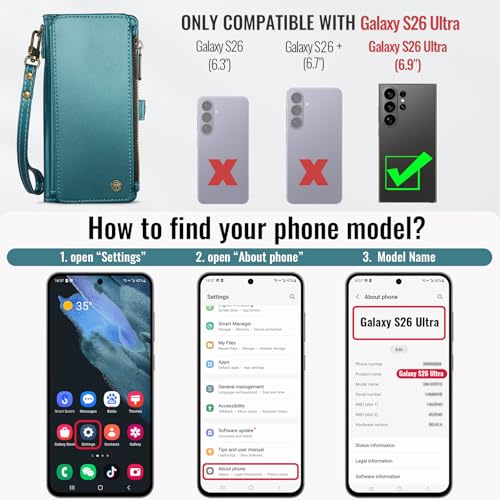 Defencase for Samsung Galaxy S26 Ultra Wallet Case with Card Holder, Green | with RFID Blocking Zipper Pocket, Durable PU Leather, Wrist Strap, S26 Ultra Flip Phone Cases Cover with Stand for Women Men - color: Blue Green