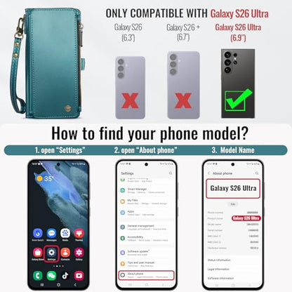 Defencase for Samsung Galaxy S26 Ultra Wallet Case with Card Holder, Green | with RFID Blocking Zipper Pocket, Durable PU Leather, Wrist Strap, S26 Ultra Flip Phone Cases Cover with Stand for Women Men - color: Blue Green