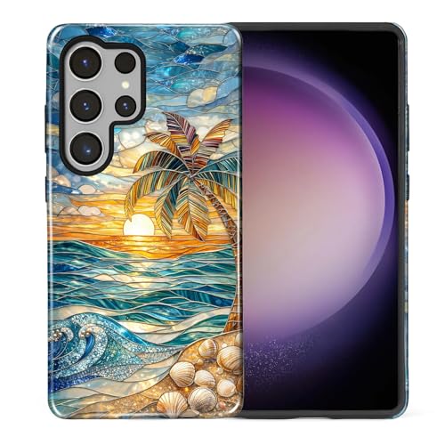 for Samsung Galaxy S25 Ultra Case, Shockproof 2-in-1 Double Protective Cover for Women Girls Men Boys, Exquisite Design Anti Scratch Stylish Phone Case Aesthetic, Stained Glass Beach Palm - color: Stained Glass Beach Palm, size: Galaxy S25 Ultra