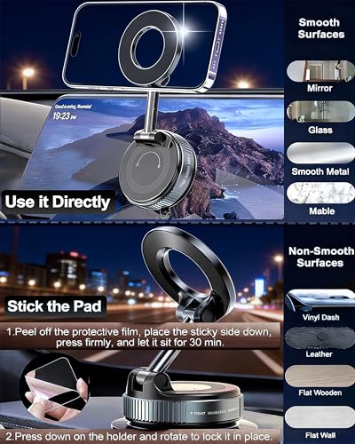Vacuum Magnetic Car Phone Holder, 2800gf Strong Magnet 360° Rotatable Suction Cup Mount for Dashboard Windshield Rearview Mirror, Universal MagSafe Car Mount for iPhone Android, Black