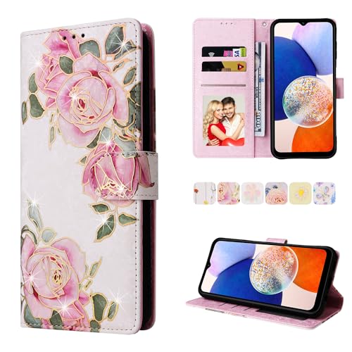 UEEBAI Wallet Case for Samsung Galaxy A15 4G/5G, PU Leather Phone Case Kickstand RFID Blocking Flip Case Card Slots Wrist Strap Relief Engraved Pattern Magnetic Closure Folio Case - White Rose - color: White Rose, size: Samsung Galaxy A15 4G/5G