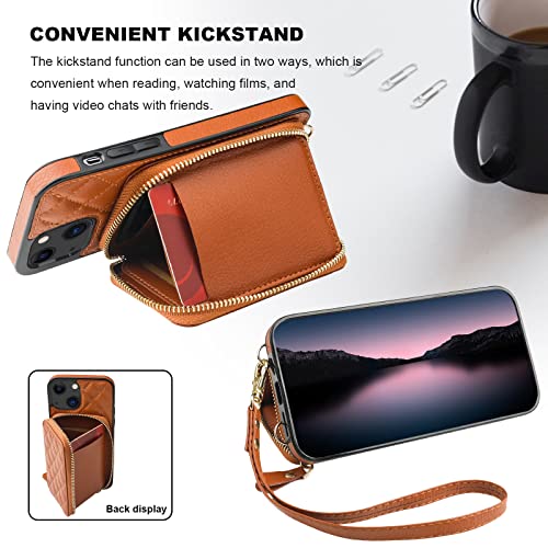 Bocasal Crossbody Wallet Case Card Holder for iPhone 13, Brown | RFID Blocking PU Leather Zipper Handbag Purse, Kickstand Flip Folio Case with Card Slots Holder Wrist Strap Lanyard 6.1 Inch - color: Brown