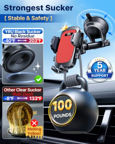 YRU【True Military-Grade Safety & Patent Certs】360°Rotation Car Phone Holder【100+LBS Strong Suction & Clip】Windshield Dash Vent Cell Phone Mount Cradle for iPhone17 16 Pro Max Truck Samsung, Light Red - color: Light Red