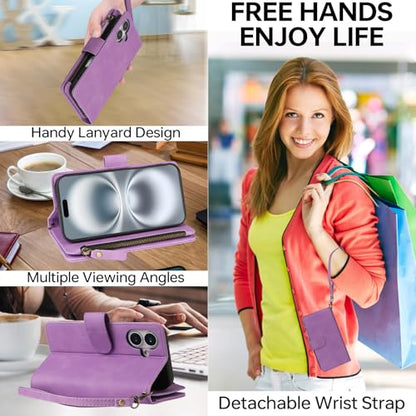 RANYOK Compatible with iPhone 16 Case Wallet - PU Leather Wallet Case for iPhone 16 with Credit Card Holder RFID Blocking Zipper Pocket with Wrist Strap Flip Folio Protective Case (Purple) - color: Purple, size: iPhone 16, 6.1"