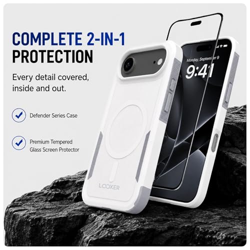 LOOXER® Heavy Duty Rugged Magnetic Case for iPhone 17 Air (6.5”) | Military Grade Shockproof Protection,MagSafe Compatible+ Tempered Glass Included (White, 17 Air) - color: White, size: 17 Air