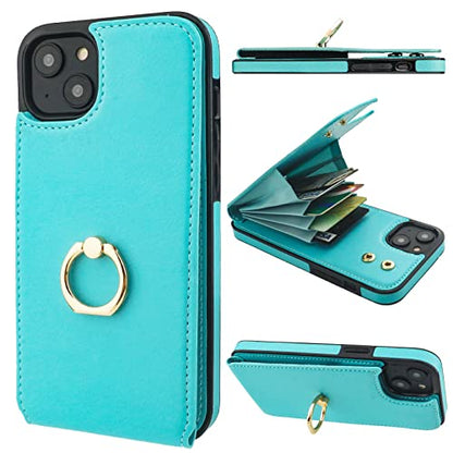 Folosu Compatible with iPhone 14 Plus Case Wallet with Card Holder, 360°Rotation Finger Ring Holder Kickstand, RFID Blocking Leather Protective Double Buttons Shockproof Cover 6.7 Inch Green - color: Mint Green, size: iPhone 14 Plus