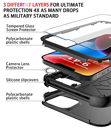 Diverbox for iPhone 14 Case [Shockproof] [Dropproof] [Tempered Glass Screen + Camera Lens Protector] Heavy Duty Protection Phone Case Cover for iPhone 14 6.1inch - color: BLACK-3in1