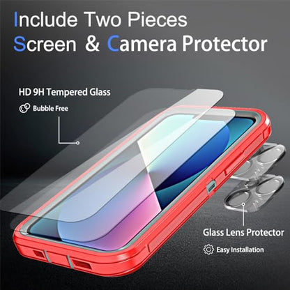 YmhxcY for iPhone 13 Case, 2X Glass Screen and Camera Protector, 3 in 1 Heavy Duty Shockproof Drop Protection Stripe Rubber Cover for 13 6.1"-Red/Gray - color: Red/Gray